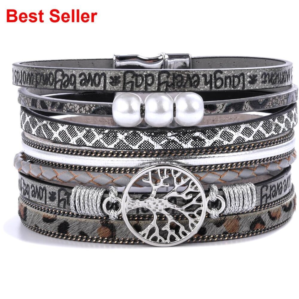 Leather Wrap Bracelet with Magnetic Clasp, Tree of Life Design, Pearl Accents